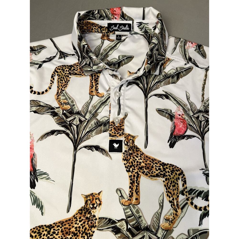 Bad Birdie Men's Performance Golf Polo Shirt Size Large Floral Cheetah Parrot - Picture 5 of 8